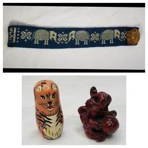 Miniature Elephant Tiger India Figurines and Woven Bookmark Boho Tribal